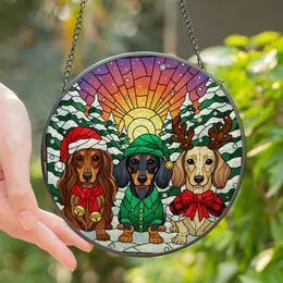 Dachshund Lovers' Tiffany Style Stained Glass Christmas Dachshund Trio Winter Mosaic Stained Glass Suncatcher