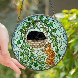 Cat Lovers' Intricate Stained Glass Sleeping Black Cat Orange Tabby Climbing Vines Sky Blue Mosaic Stained Glass Suncatcher