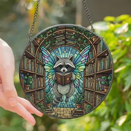 Fantasy Readers' Intricate Tiffany Stained Glass Raccoon Butterfly Library Emerald Amethyst Jewel Tone Mosaic Stained Glass Suncatcher