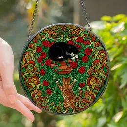 Cat Lovers' Tiffany Stained Glass Emerald Green Red Orange Amber Cats Vines Mosaic Art Stained Glass Suncatcher
