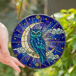 Nature Lovers' Tiffany Stained Glass Owl Crescent Moon Cosmic Blue Emerald Art Stained Glass Suncatcher