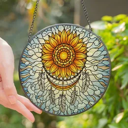 Boho Style Enthusiasts' Luminous Tiffany Glass Dreamcatcher Sunflower Amber Pearl Feather Mosaic Stained Glass Suncatcher