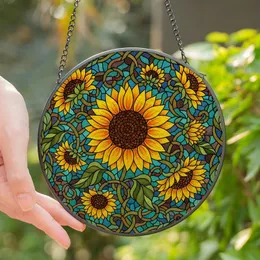 Nature Art Lovers' Intricate Stained Glass Sunflower Mosaic Yellow, Green, Amber, Teal Hues Stained Glass Suncatcher