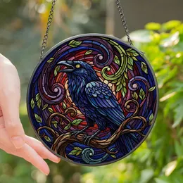 Art Lovers' Majestic Raven Stained Glass Celestial Deep Purple Red Green Brown Stained Glass Suncatcher