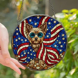 Dog Lovers' Patriotic Yorkshire Terrier Tiffany Glass Mosaic Blue Sunglasses Red White Stained Glass Suncatcher