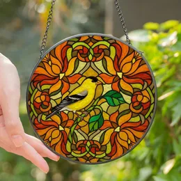 Nature Lovers' Tiffany Style American Goldfinch Vibrant Yellow Orange Green Intricate Floral Stained Glass Stained Glass Suncatcher