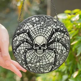 Gothic Style Admirers' Detailed Stained Glass Spider Skull Art with Swirling Cobwebs & Thorny Foliage in Black White Grey Jewel Tones Stained Glass Suncatcher