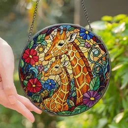 Nature Lovers' Tiffany Stained Glass Giraffe Mother & Calf Floral Botanical Mosaic Amber Gold Blue Purple Red Stained Glass Suncatcher