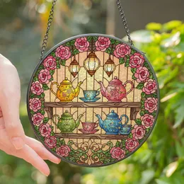 Tea Enthusiasts' Detailed Stained Glass Teapot Rose Floral Peach Yellow Mosaic Stained Glass Suncatcher