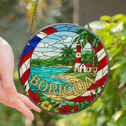 Boricua Heritage Enthusiasts' Glowing Stained Glass Boricua Tropical Beach Flag Art Stained Glass Suncatcher