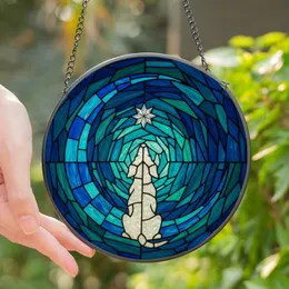 Dog Lovers' Intricate Tiffany-Inspired Stained Glass Dog Silhouette Moon & Cosmic Teal Blue Green Mosaic Stained Glass Suncatcher