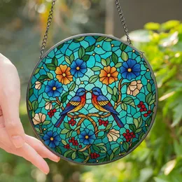 Nature Lovers' Vibrant Tiffany Stained Glass Songbirds & Floral Mosaic Art: Blue, Red, Green Jewel Tones Stained Glass Suncatcher