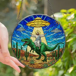 Eclectic Art Enthusiasts Vibrant Stained Glass Jesus T-Rex UFO Desert Mosaic With Blue Green Hues Stained Glass Suncatcher