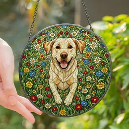 Labrador Lovers' Joyful Golden Labrador Stained Glass Running Art with Jewel Toned Wildflowers & Meadow Mosaic Stained Glass Suncatcher