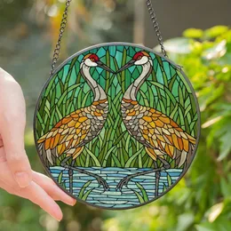 Nature Lovers' Vibrant Tiffany Style Stained Glass Sandhill Cranes Wetland Art Mosaic with Jewel Tones Stained Glass Suncatcher