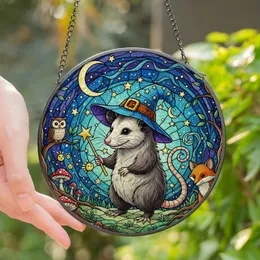 Fantasy Art Lovers' Whimsical Opossum Witch Hat Magic Wand Stained Glass Night Sky Jewel Tone Art Stained Glass Suncatcher