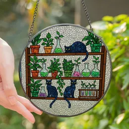 Cat & Plant Lovers Tiffany Style Stained Glass Black Cats Botanical Beakers Jewel Tone Mosaic Design Stained Glass Suncatcher