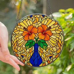 Art Lovers' Vibrant Tiffany Stained Glass Orange Hibiscus & Cobalt Blue Mosaic Stained Glass Suncatcher