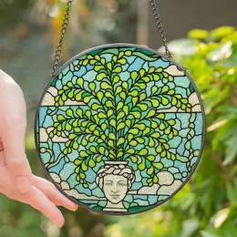 Art Lovers' Tiffany Stained Glass Maidenhair Fern Face Vase Botanical Mosaic Lime Emerald Sky Blue Aqua Stained Glass Suncatcher