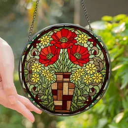 Art Lovers' Vibrant Tiffany Stained Glass Red Poppies Yellow Daisies Floral Botanical Mosaic Geometric Vase Stained Glass Suncatcher