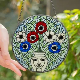 Art Lovers' Jewel-Toned Stained Glass Anemone Flower Bouquet Face Vase Mosaic Art Stained Glass Suncatcher