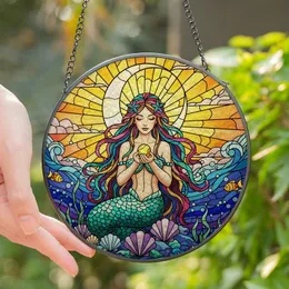 Fantasy Lovers' Tiffany Stained Glass Mermaid Glowing Ocean Celestial Mosaic Jewel Tones Stained Glass Suncatcher