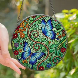Nature Lovers' Vibrant Stained Glass Tiffany Style Blue Butterflies Garden Mosaic Stained Glass Suncatcher