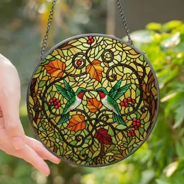 Nature Lovers' Tiffany Style Stained Glass Hummingbird Emerald Ruby Amber Fall Leaves Vine Mosaic Stained Glass Suncatcher