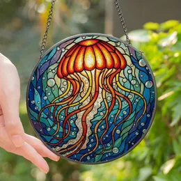 Ocean Lovers' Intricate Tiffany Style Stained Glass Jellyfish Art Glowing Red Orange Yellow Jewel Tones Water Mosaic Stained Glass Suncatcher