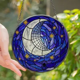 Celestial Dreamers' High Contrast White Grey Black Tiffany Stained Glass Crescent Moon Spiderweb Celestial Mosaic Stained Glass Suncatcher