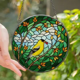 Nature Lovers' Vibrant Yellow Finch Tiffany Stained Glass Mosaic with Amber Leaves & Dappled Sunlight Stained Glass Suncatcher