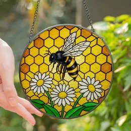 Nature Lovers' Vibrant Stained Glass Black Yellow Honeybee White Daisy Golden Honeycomb Mosaic Stained Glass Suncatcher