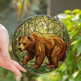 Nature Lovers' Tiffany Style Stained Glass Bear Dappled Forest Mosaic Golden Amber Green Stained Glass Suncatcher
