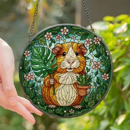 Guinea Pig Lovers' Glowing Tiffany Stained Glass Guinea Pig Monstera Succulent Jewel Tone Garden Art Stained Glass Suncatcher