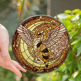 Stained Glass Art Lovers' Winged Calico Cat Crescent Moon Amber Rose Gold Black Tiffany Mosaic Stained Glass Suncatcher
