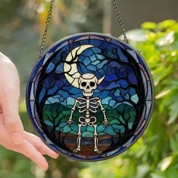 Stained Glass Art Lovers' Intricate Tiffany Style Whimsical Skeleton Moonlit Mosaic Opalescent Pink Black Stained Glass Suncatcher