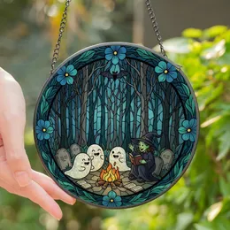 Whimsical Spooky Season Fans' High-Res Tiffany Stained Glass Ghost Storytelling Campfire Mosaic Teal Blue Stained Glass Suncatcher