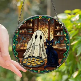 Whimsical Art Lovers' Iridescent Ghost Baking Black Cat Tiffany Stained Glass Kitchen Jewel Tone Mosaic Stained Glass Suncatcher