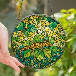 Reptile Enthusiasts' Vibrant Leopard Gecko Stained Glass Mosaic Art, Emerald Teal Yellow Foliage Stained Glass Suncatcher