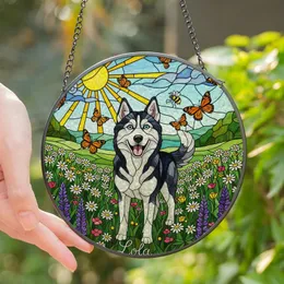 Husky Dog Lovers' Vibrant Tiffany Style Stained Glass Blue-Eyed Husky Wildflower & Butterfly Mosaic Stained Glass Suncatcher