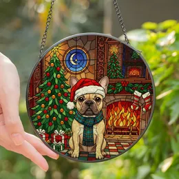 French Bulldog Owners' Jewel Tone Stained Glass Christmas Fawn Frenchie Holiday Mosaic Scene Stained Glass Suncatcher