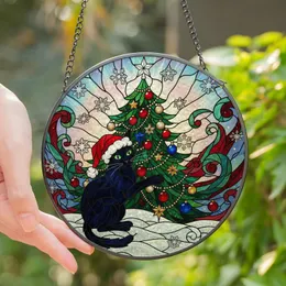 Christmas Cat Lovers' Vibrant Stained Glass Black Cat Christmas Tree Winter Mosaic Art Stained Glass Suncatcher