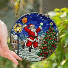Festive Art Lovers' Vibrant Tiffany Stained Glass Santa Basketball Winter Village Mosaic Stained Glass Suncatcher
