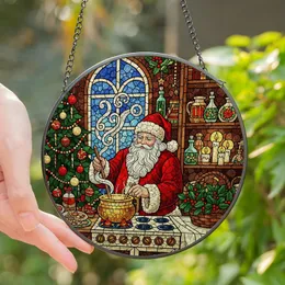 Christmas Lovers' Detailed Stained Glass Santa Stirring Pot, Holiday Mosaic Pattern, Tiffany Jewel Tones Red Gold Green Blue Stained Glass Suncatcher