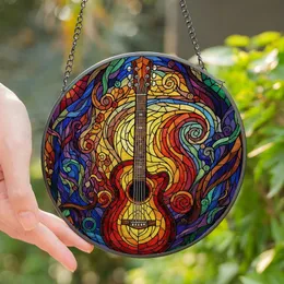 Music Lovers & Art Enthusiasts' Vibrant Stained Glass Acoustic Guitar Mosaic Artwork, Jewel Tone Abstract Patterns Stained Glass Suncatcher