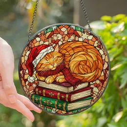 Cat Lovers' Tiffany Style Stained Glass Orange Tabby Books Festive Jewel Tone Design Stained Glass Suncatcher