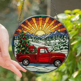 Holiday Lovers' Glowing Stained Glass Red Truck Christmas Tree Snowy Pine Mountain Art Stained Glass Suncatcher