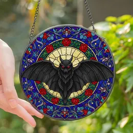 Gothic Art Enthusiasts' Tiffany Style Mothman Full Moon Red Roses Dark Blue Purple Floral Mosaic Stained Glass Suncatcher