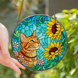 Cat Lovers' Intricate Tiffany Stained Glass Orange Tabby, Sunflowers & Daisies Mosaic Stained Glass Suncatcher