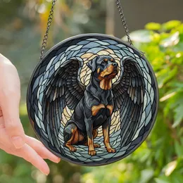 Rottweiler Lovers' Majestic Winged Stained Glass Art: Tiffany Style Charcoal Grey, Amber & Blue Mosaic Pattern Stained Glass Suncatcher